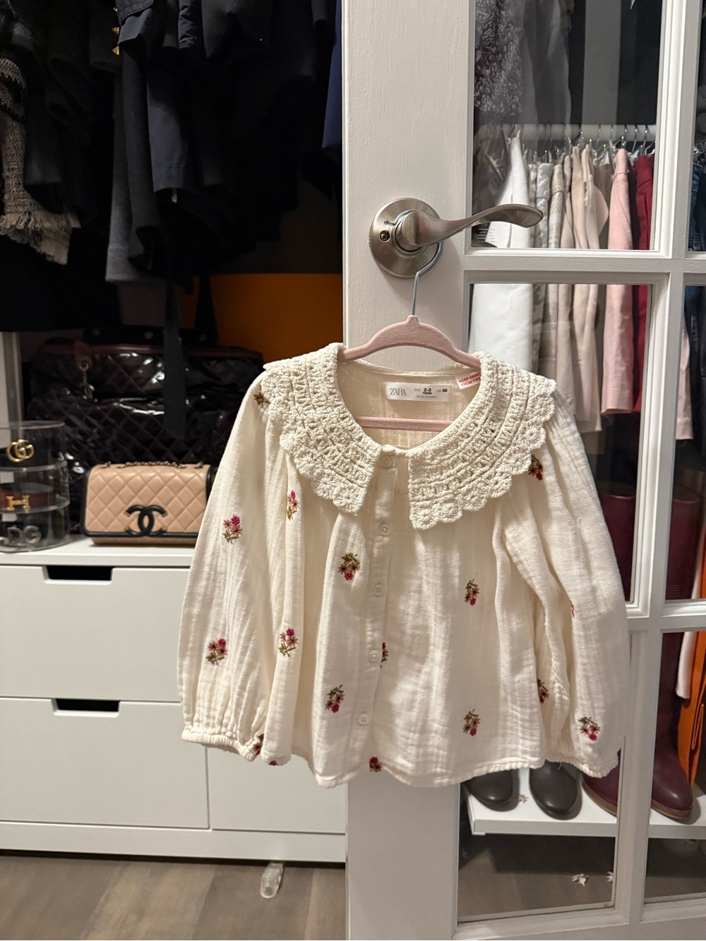Zara Cream Blouse with Pink Floral Embroidery and Lace Collar